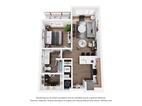 Floor plan for 1 bed, 1 bath, 723 sqft